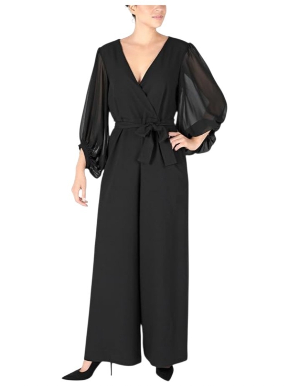 Donna Ricco Black Wrap Jumpsuit with Sheer Balloon Sleeves